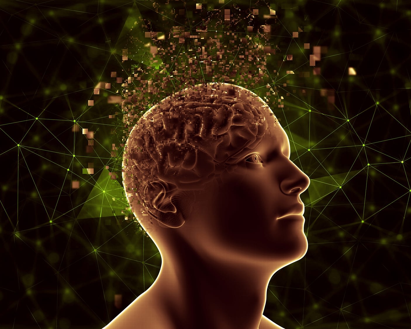 3D male figure with pixelated brain depicting mental health problems